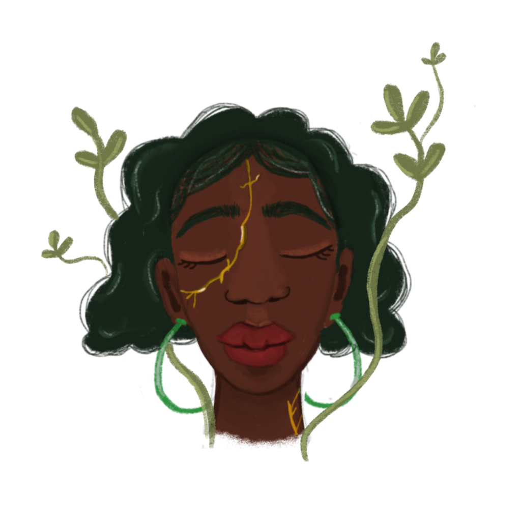 Illustration of black woman with green hair and green earrings with eyes closed plants growing around her