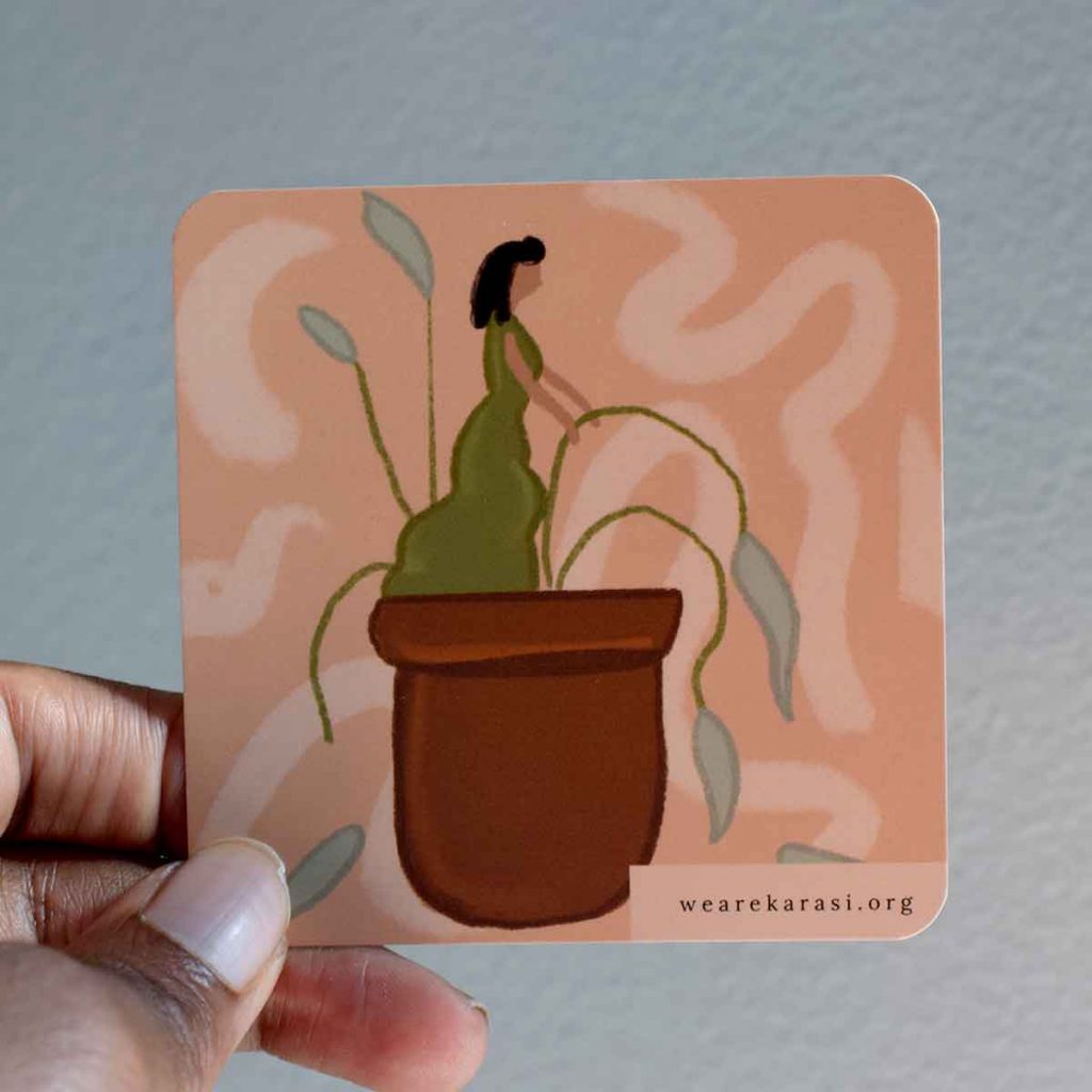 Black woman with afro growing out of a flower pot with a green leaf and yellow swirl in the backgrounf